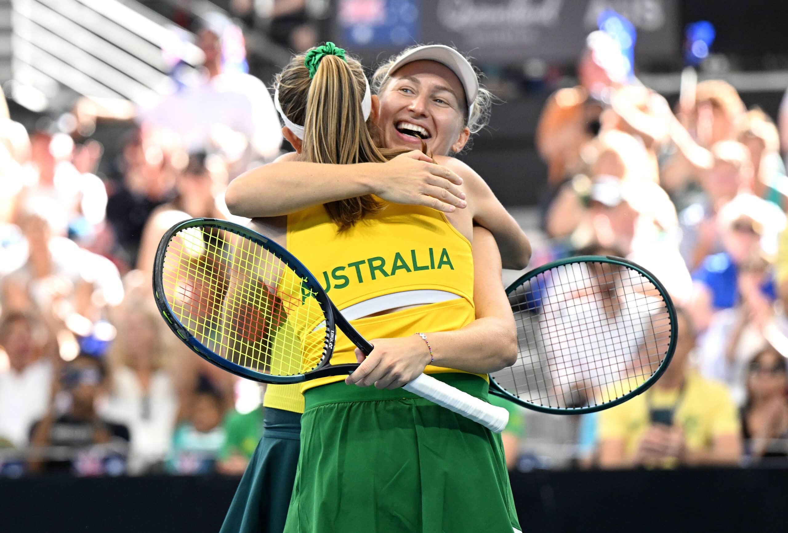 2X0MJGH Brisbane, Australia. 13th Apr, 2024. Ellen Perez (left) and Daria Saville (right) of Australia celebrate winning their double match against Jessica Hinojosa Gomez and Fernanda Navarro of Mexico during the Billie Jean King Cup at Pat Rafter Arena in Brisbane, Saturday, April 13, 2024. (AAP Image/Darren England) NO ARCHIVING, EDITORIAL USE ONLY Credit: Australian Associated Press/Alamy Live News