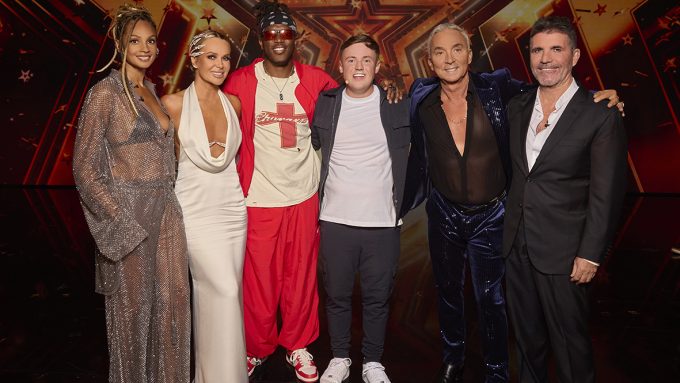 BGT Image Simon Cowell, Bruno Toniol, Amanda Holden, Alesha Dixon, KSI and Ant & Dec with Winner Harry Moulding